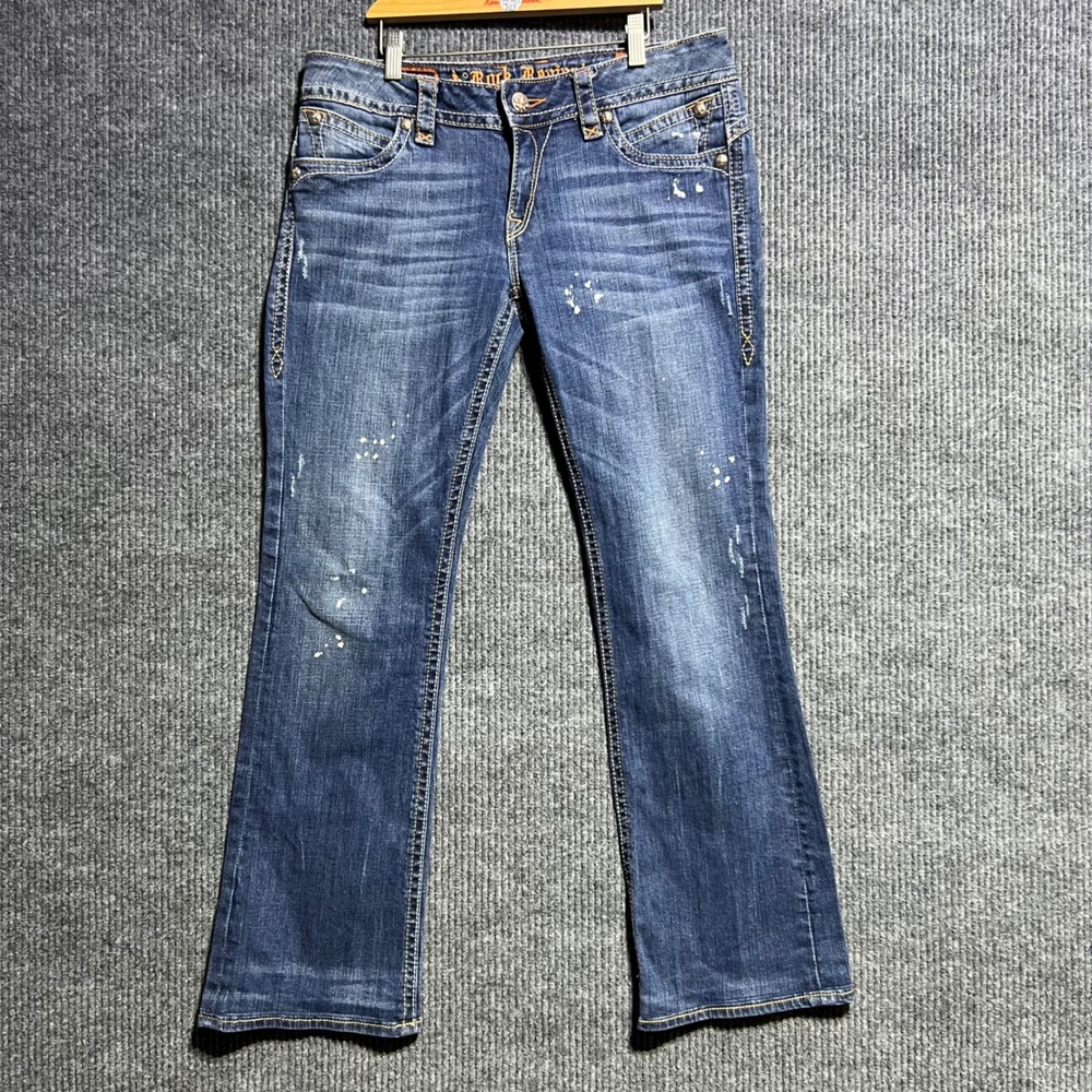 Rock Revival Patti Boot Jeans Womens 32 Blue Distressed Flap Pocket Fleur De Lis